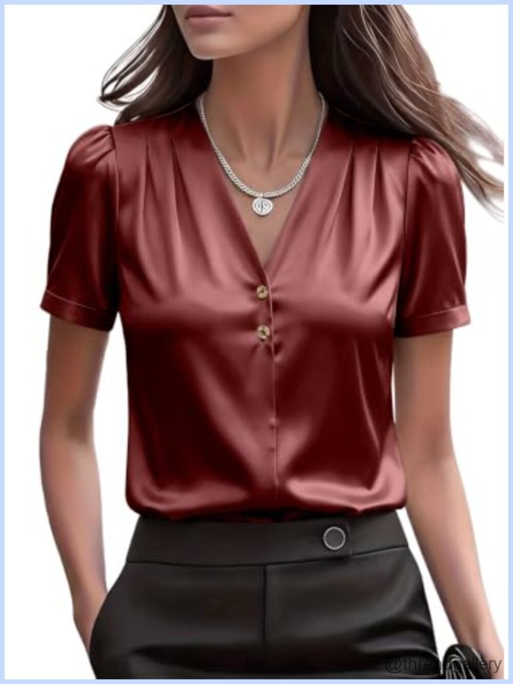 Satin Business Casual V-Neck Flutter Sleeve Blouse with Button Detail